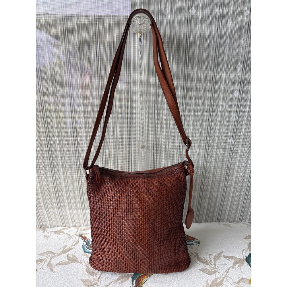 Harbour 2nd Cognac Brown Woven Leather Crossbody Bag Anchor Logo Messenger